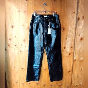 Good American Black Faux Patent Leather High Rise Straight Leg Pants